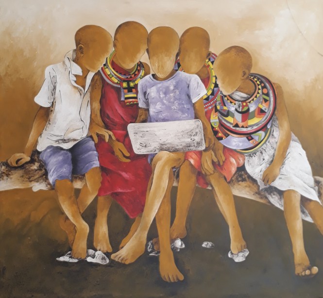 enfants Massai devant l'ordi 119X130