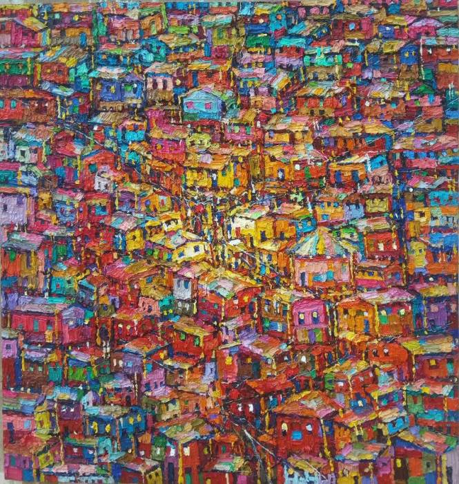 Urban Scape (red base) 107 x113cm