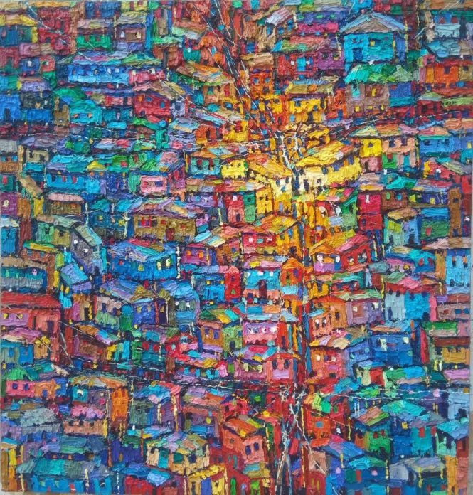 Urban scene (blue base) 112 x107 cm